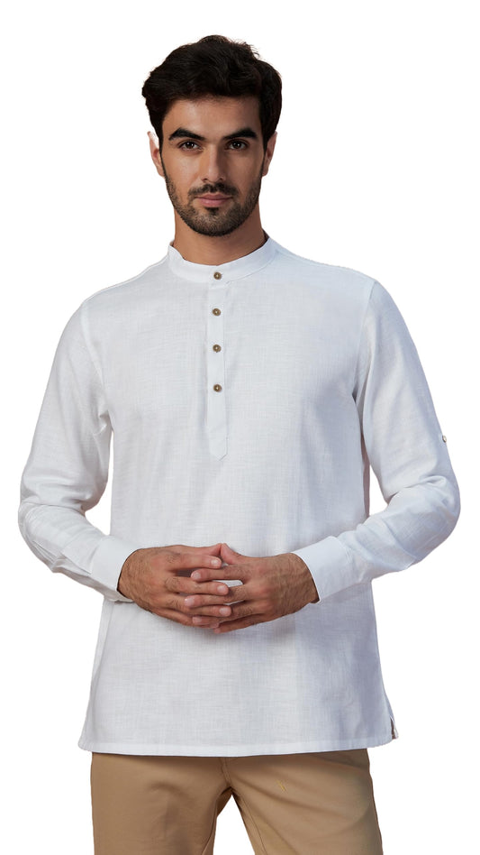 Manyavar Mens Short Kurta Only, Ethnic Short Kurta For Men, Full Sleeves Mandarin Collar Self Design Blended Cotton Short Kurta
