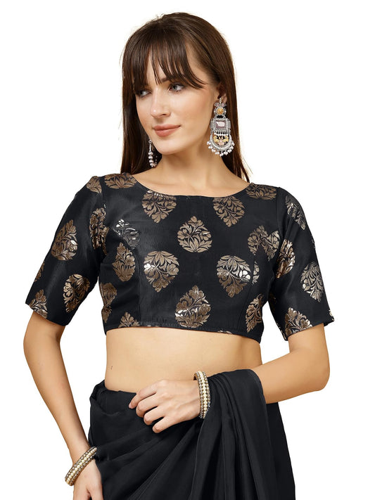 OOMPH! Womens Indian Ethnic Wear Designer Big Paisley Pattern Zari Work Boat Neck Half Sleeve Jet Black Color Brocade Readymade