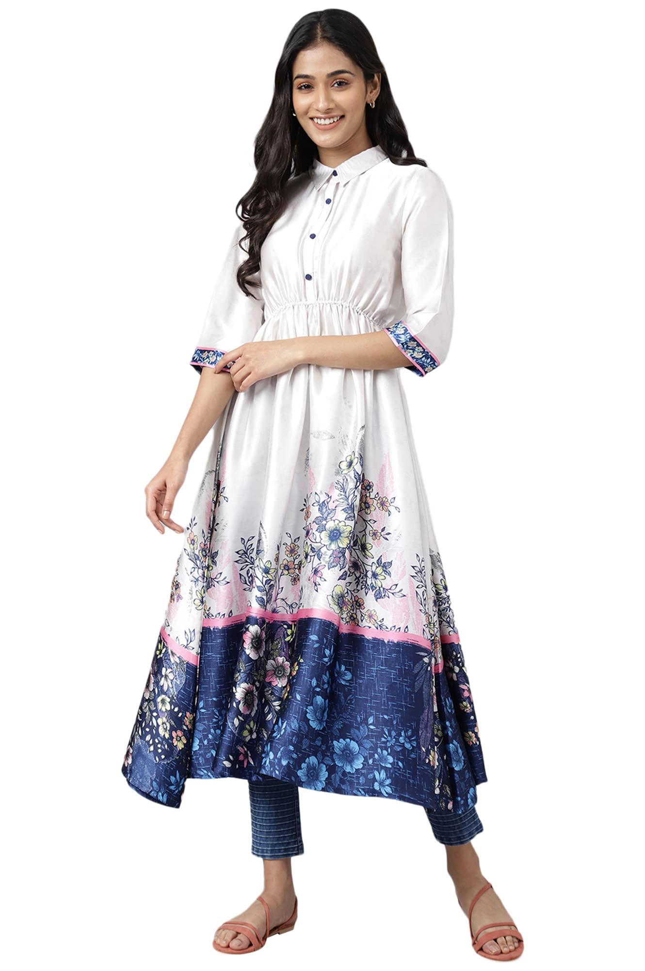 Grey Floral Print Kurts In Poly Japan Satin