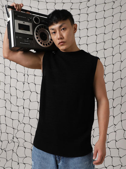 Hubberholme Men Acrylic Knitted Oversized Fit Round Neck Sleeveless Sweaters 9 Black