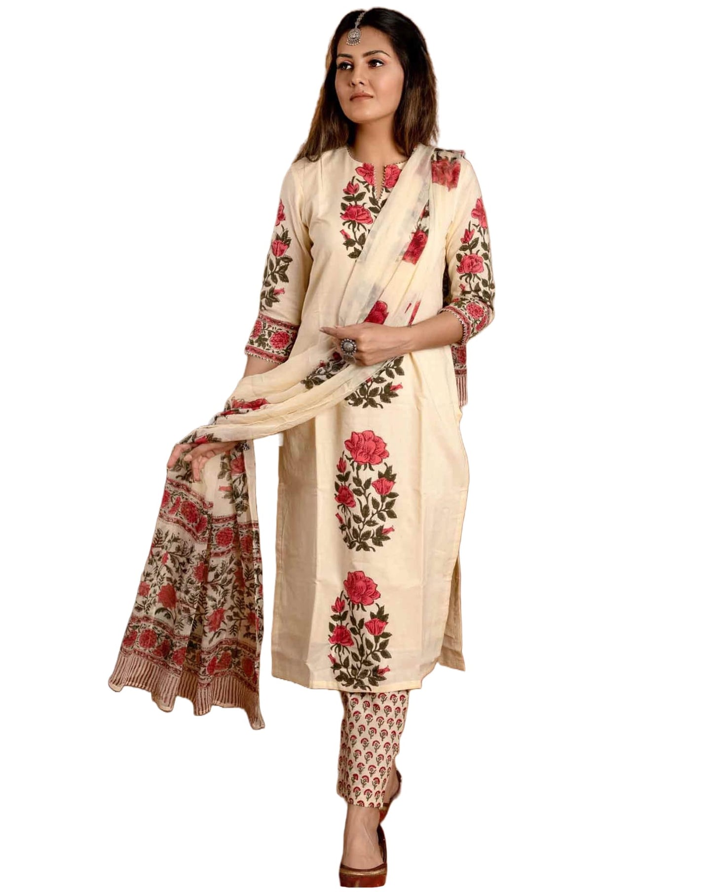 Gosriki WomenS Rayon Blend Straight Printed Kurta With Pant & Dupatta (Actual-Cream-Gs_M_Cream_Medium)