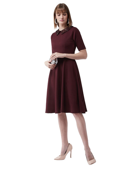 Miss Chase WomenS Wine Red Collared Round Neck Half Sleeve Solid Knee-Long Skater Dress With Buttoned Closure (Mcss20D99-43-184