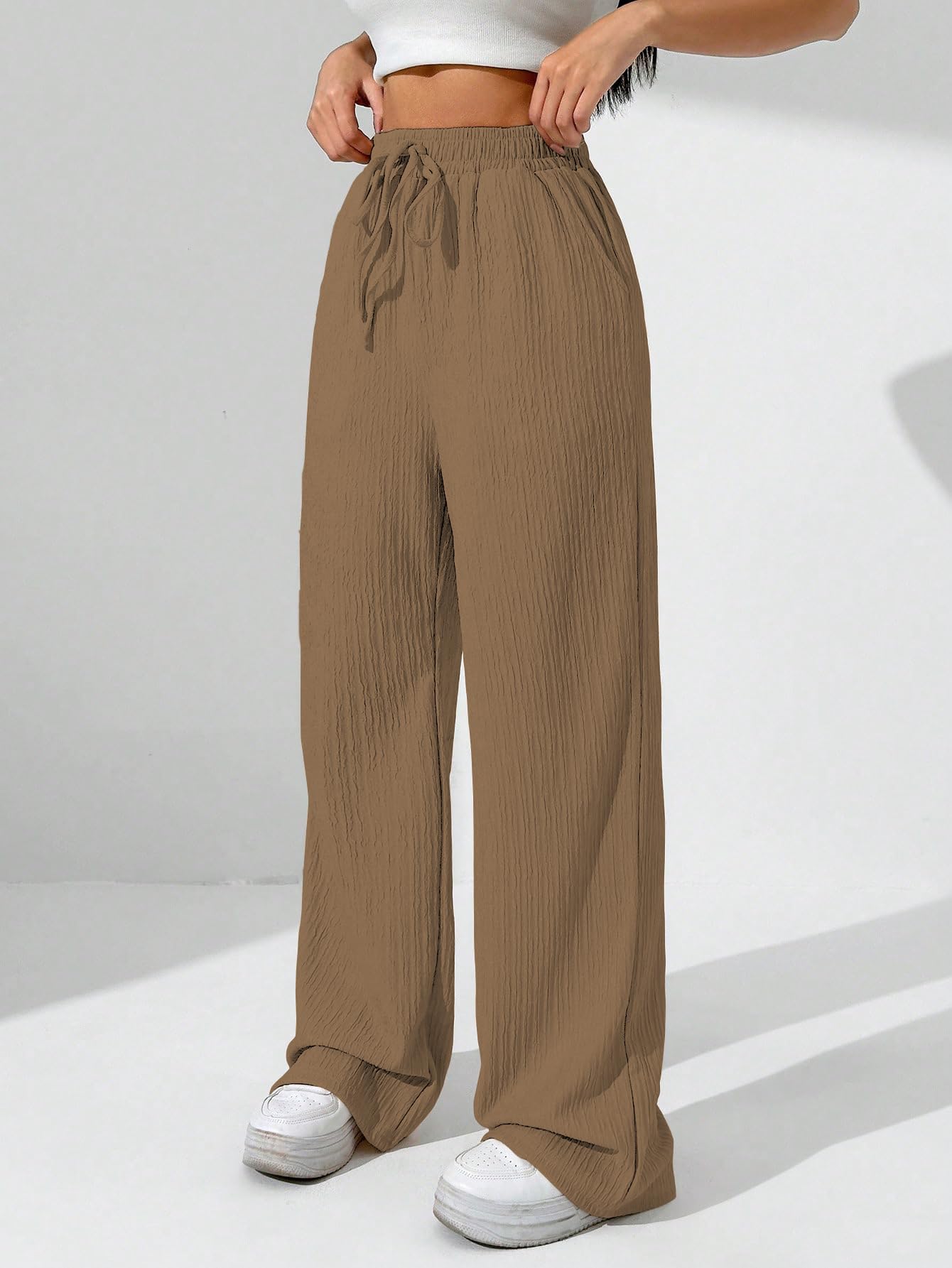 Sugathari Womens Brown Loose Wide-Leg Pants with Textured Wrinkled Fabric and Drawstring Waist Long Trousers (Trouser 157 Brown