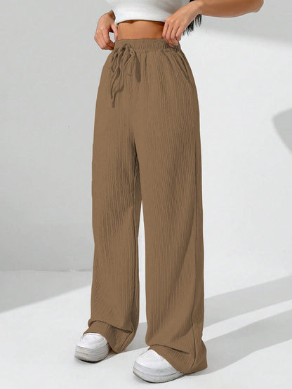Sugathari Womens Brown Loose Wide-Leg Pants with Textured Wrinkled Fabric and Drawstring Waist Long Trousers (Trouser 157 Brown