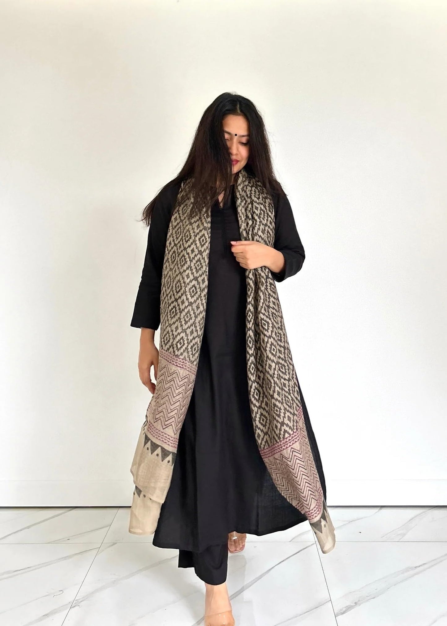 GoSriKi Ladies Rayon Blend Kurta Set with Trousers & Dupatta, Size 50, Black, Model Jamana Black-GS
