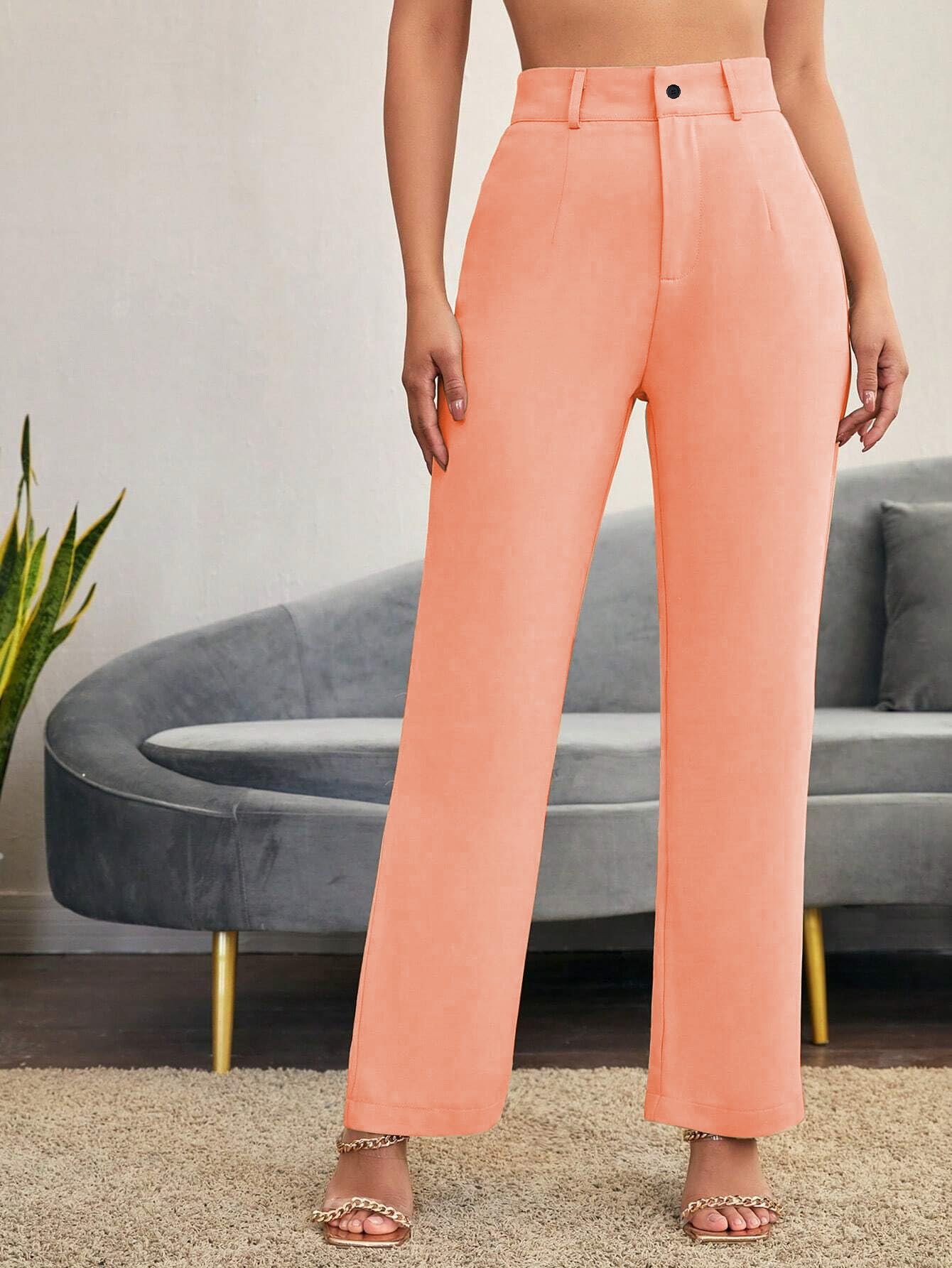 Toochki Womens Regular Fit High Rise Solid AnkleSpandex Length Regular Trouser Pant Light Peach