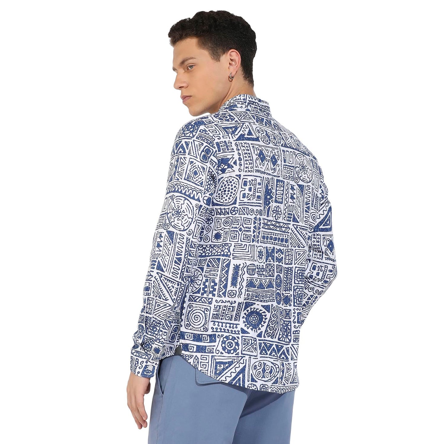 Campus Sutra Mens Indigo Blue Contrast Aztec Shirt for Casual Wear | Spread Collar | Long Sleeve | Button Closure | Rayon Slub