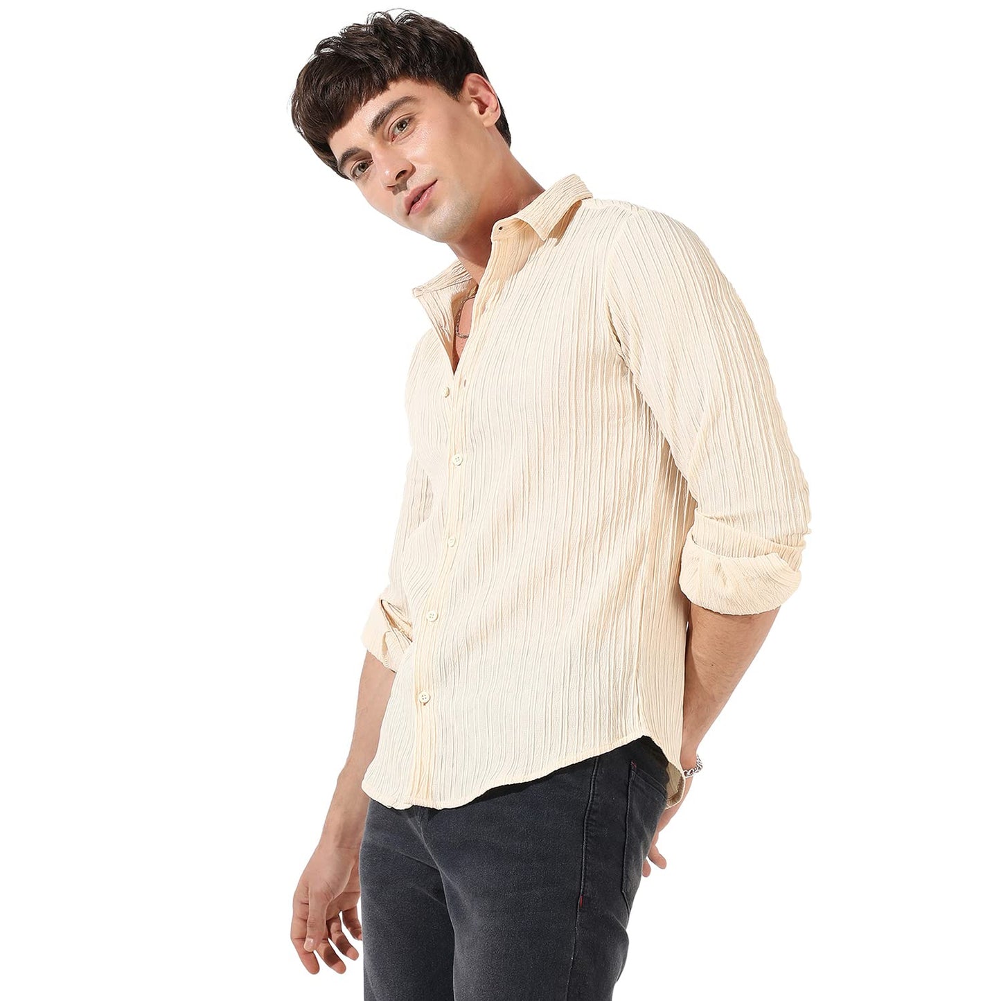 Campus Sutra Mens Light Yellow Textured Button Up Spread Collar Shirt for Casual Wear | Regular Fit | Poly Lycra Shirt Crafted