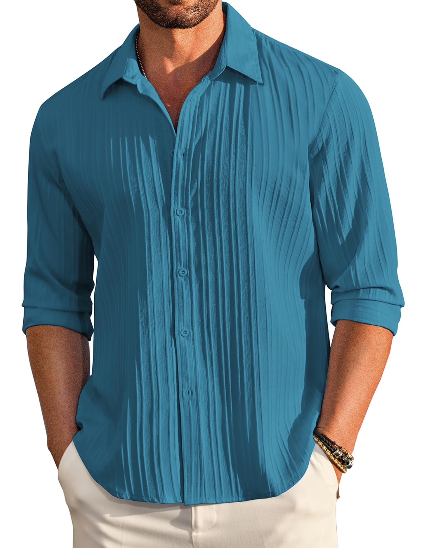 Deemoon MenS Casual Button Down Shirts Long Sleeve Linen Shirt Fashion Textured Beach Summer Shirt