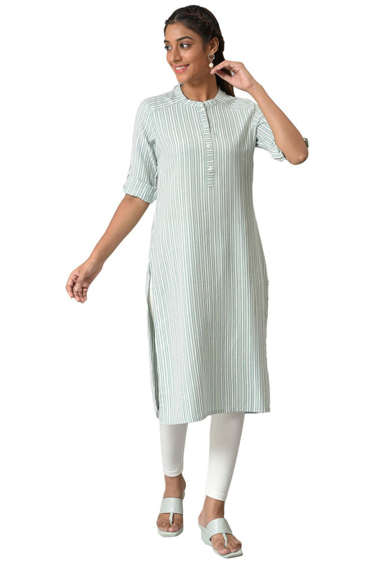 Aurelia Women Green Dobby Stripes Yarn Dyed Straight Kurta