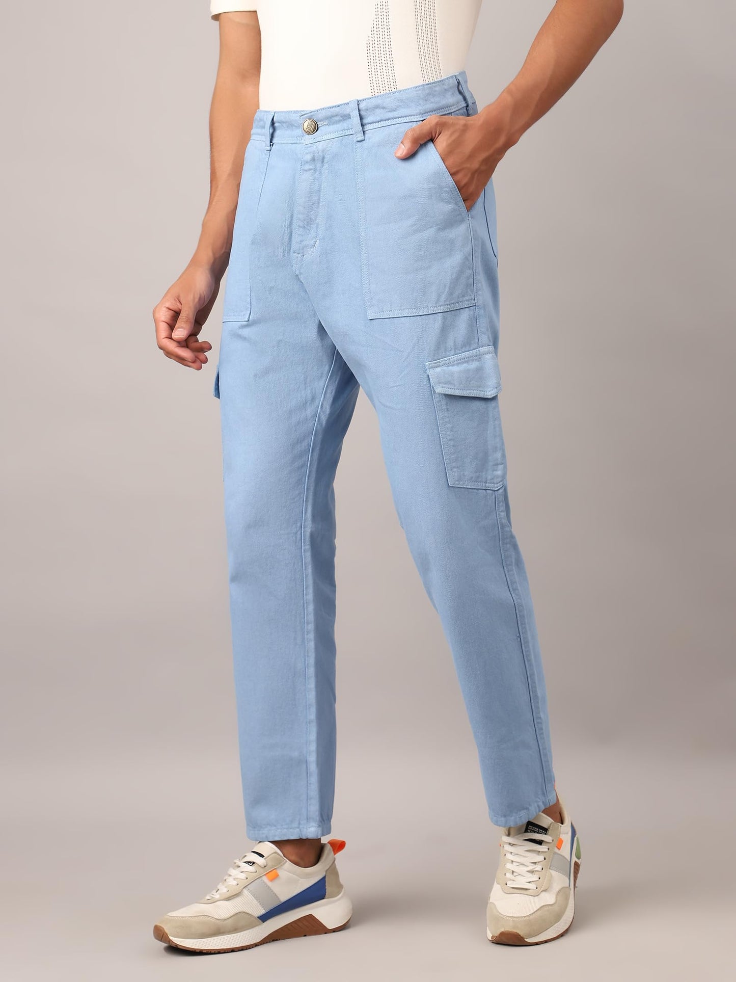 AVANOVA Light Blue Bell-Bottom Men Cargo Jeans II Men Cargo Pants II Denim Cargo for Men II Cotton Pant II Wide Legs II Flap Poc
