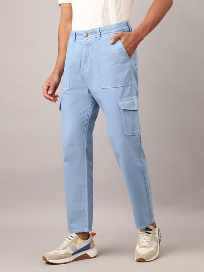 AVANOVA Light Blue Bell-Bottom Men Cargo Jeans II Men Cargo Pants II Denim Cargo for Men II Cotton Pant II Wide Legs II Flap Poc