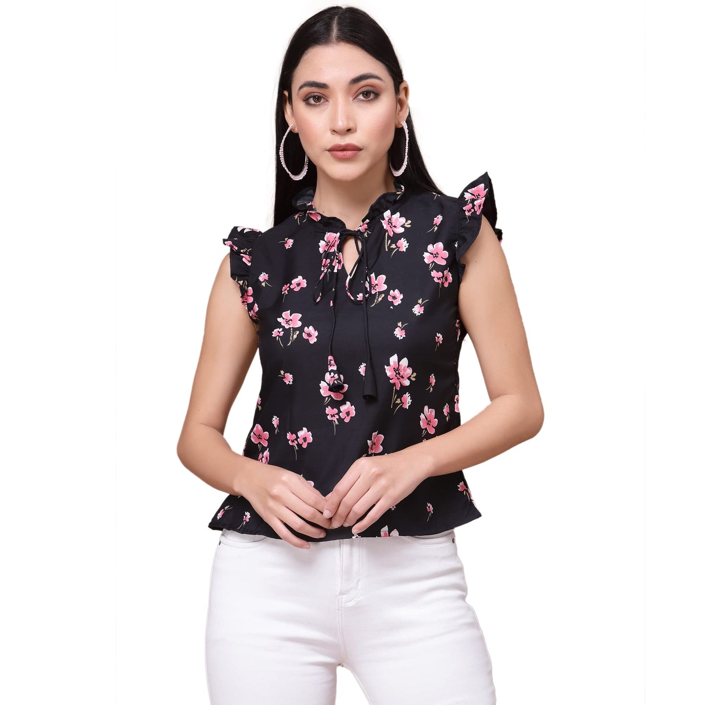 OOMPH! Womens Crepe Printed top with Tie Neck and Ruffle Sleeve