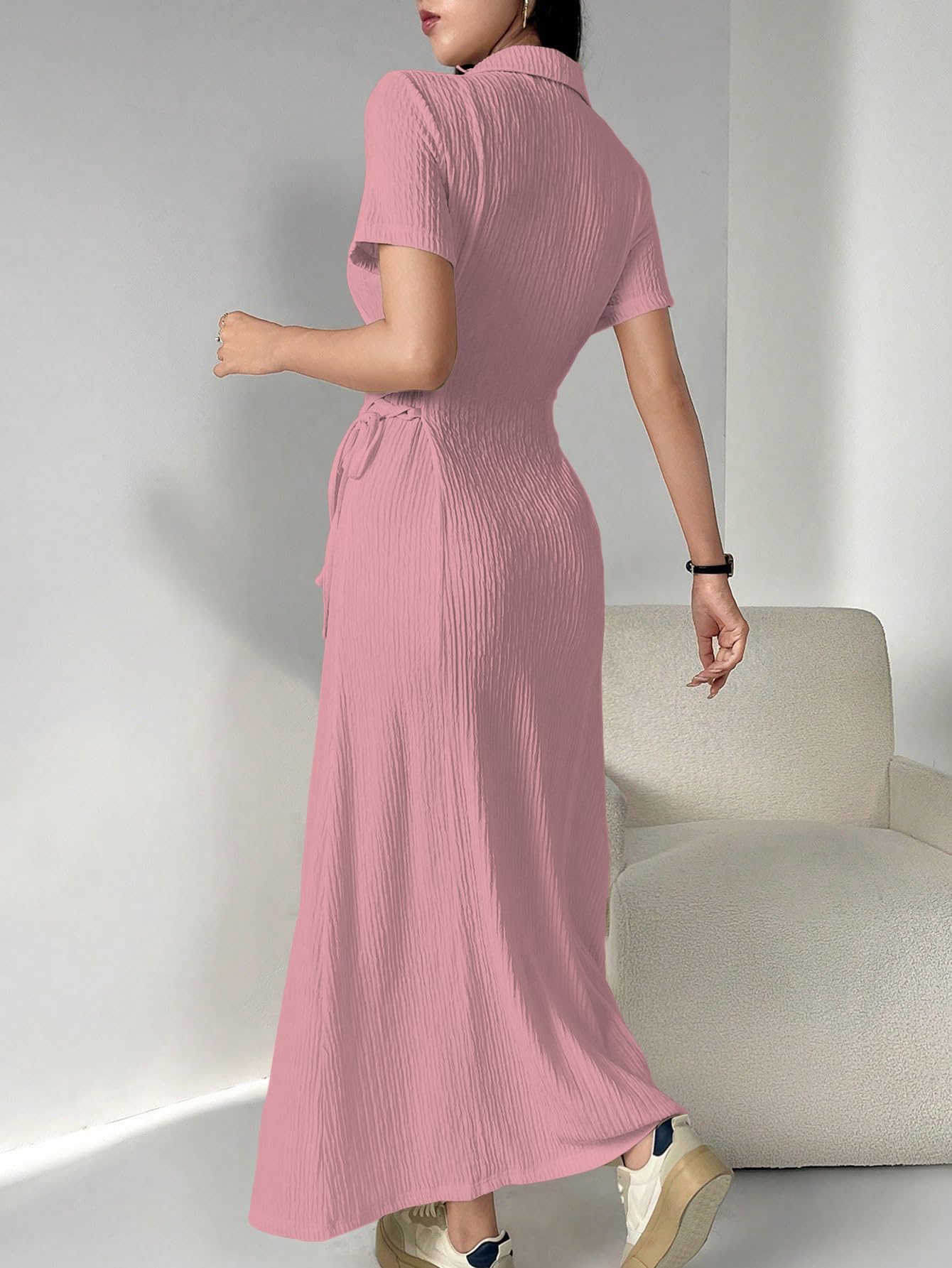 Shasmi Womens Pink Solid Color Applique Lace-Up Collared Short Sleeve, Side-Tie Waist Long Casual Maxi Women Dress Outfit Long E