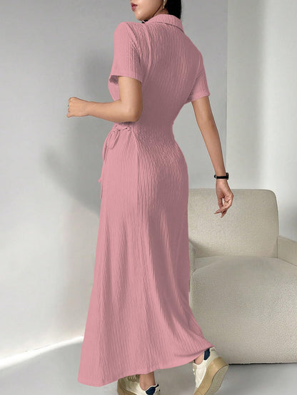 Shasmi Womens Pink Solid Color Applique Lace-Up Collared Short Sleeve, Side-Tie Waist Long Casual Maxi Women Dress Outfit Long E