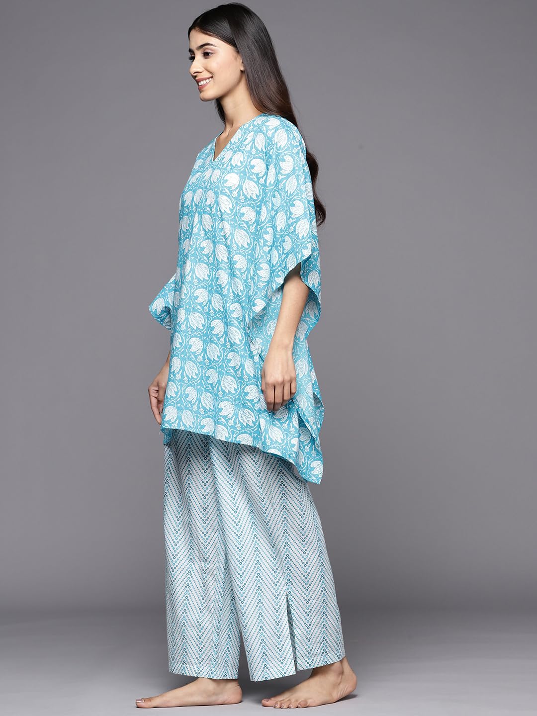 Libas Womens Printed Cotton Night Suit Set For Women Turquoise Blue