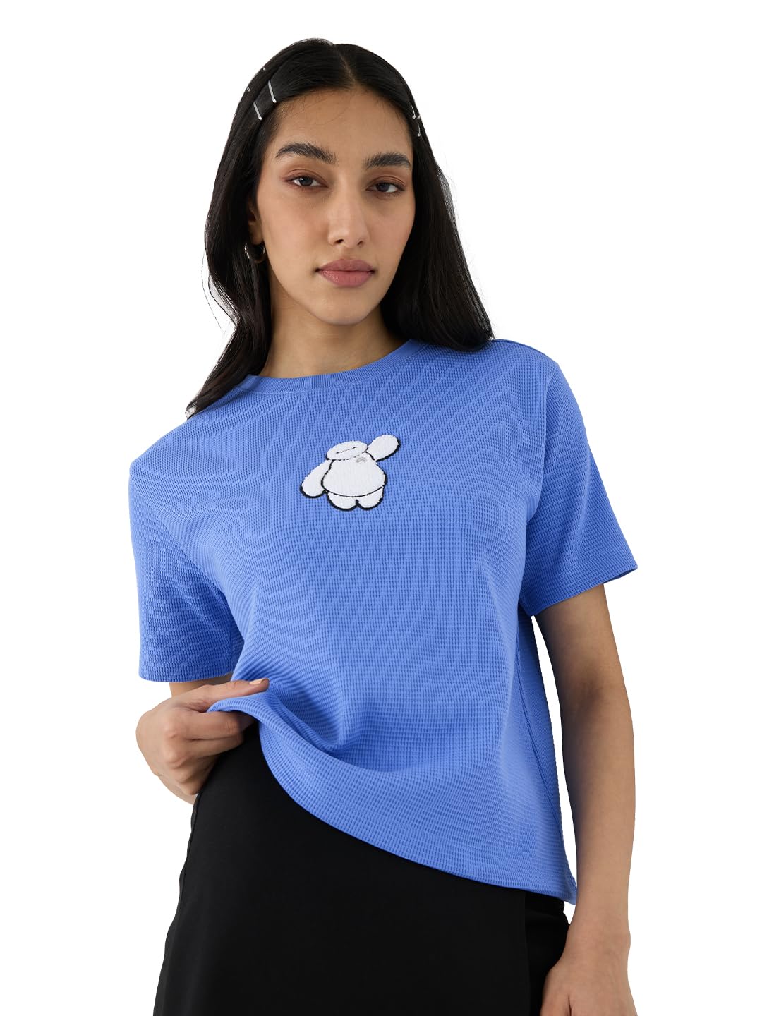 The Souled Store Textured T-Shirt: Disney Baymax Women and Girls Short Sleeves Round Neck Embroidered Blue Cotton Relaxed Fit T-