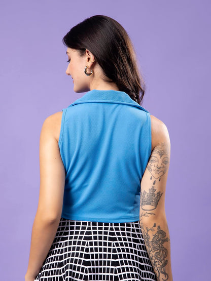 POPWINGS Blue Solid Button Clousre V Neck Sleeveless Waistcoat Crop Top