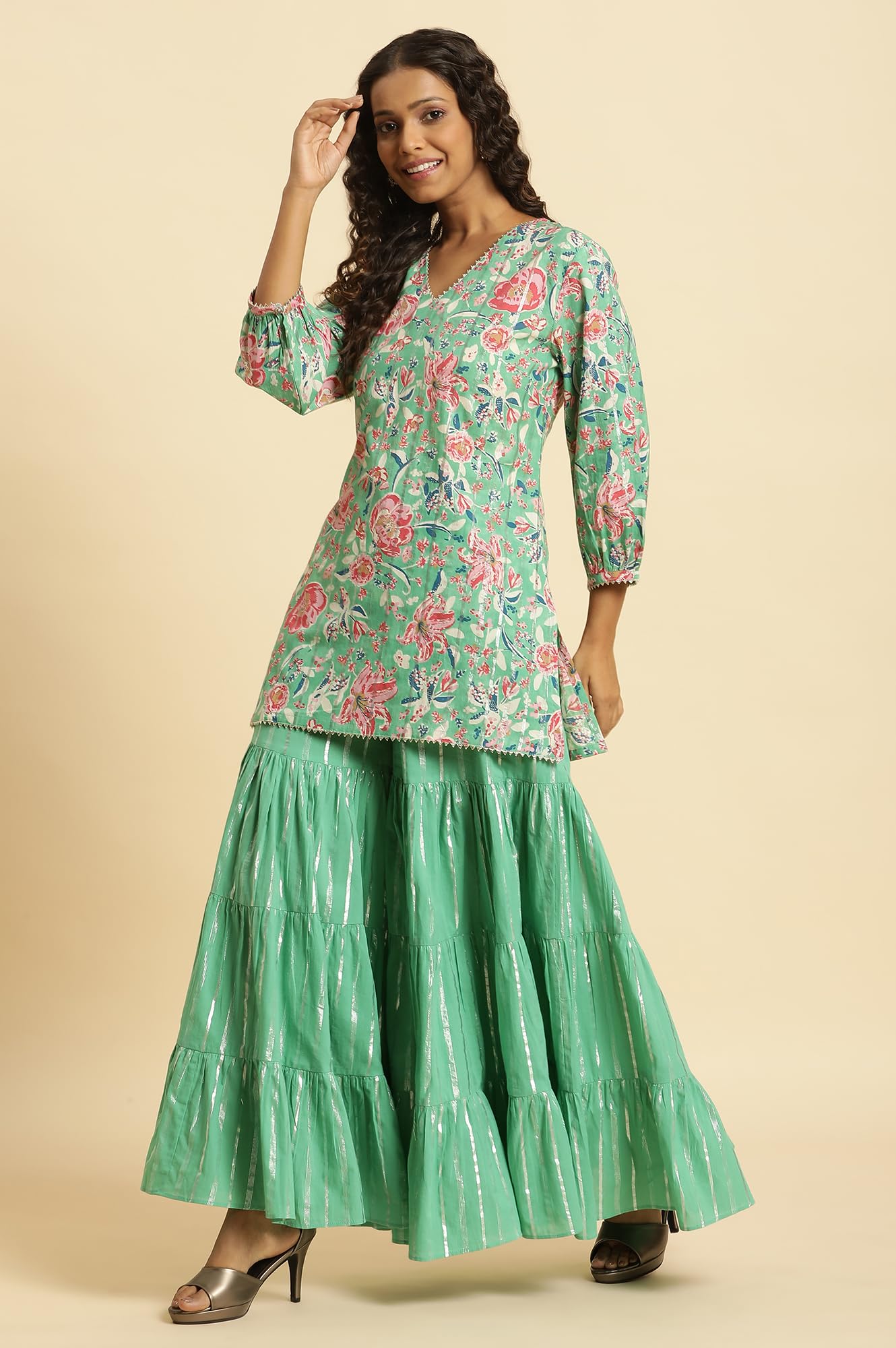 W Womens Green Floral Printed Cotton Kurta Dupatta Bottomwear with Mirror Work