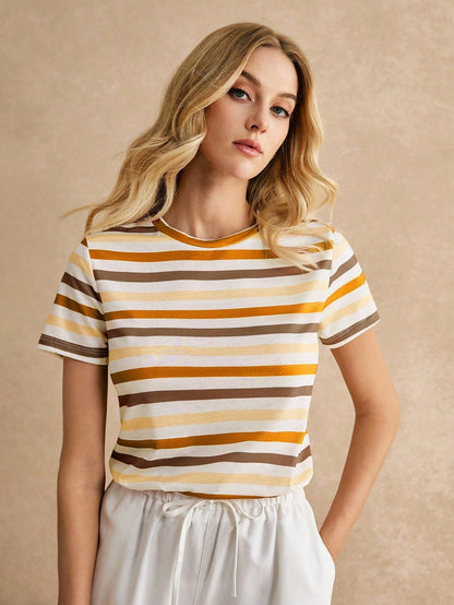 Toochki Tops for Woman | Spandex Top | T-Shirt | Tshirt | Western | for Jeans | Short Sleeve | Stretchable | Striped Printed Ora