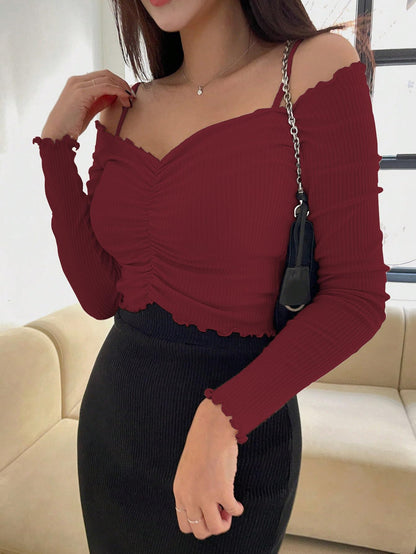 Sugathari Womens Maroon Solid Colour Open Cold Off Shoulder Long Sleeve Lettuce Hem Casual Autumn Trim Tight- Slim Fitting Ruch