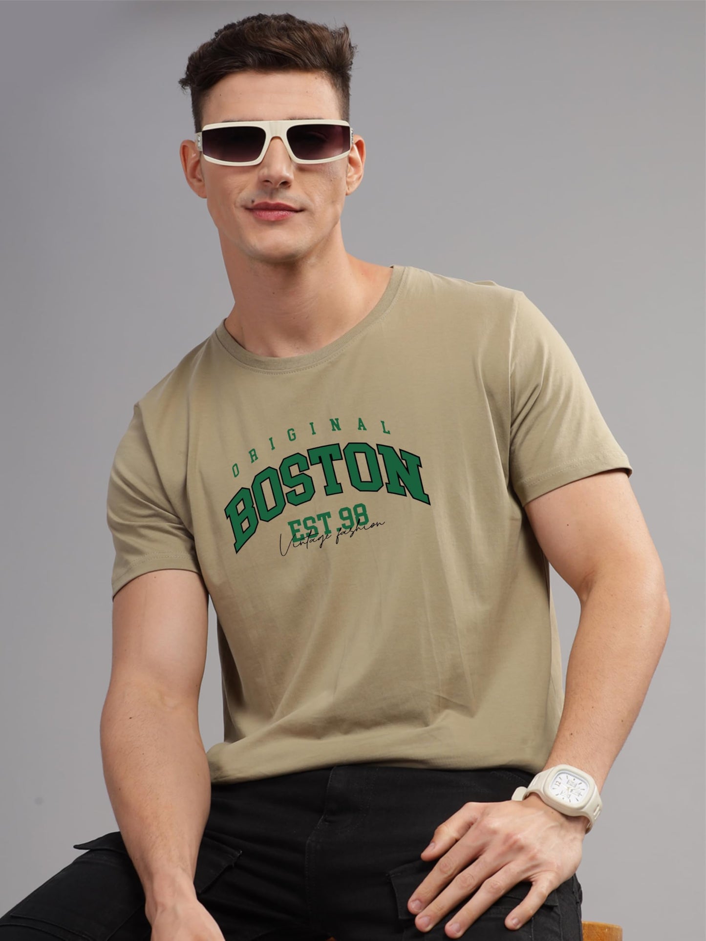 ADRO Mens Printed T Shirt - Premium Cotton Graphic Printed Tshirt - Beige T-Shirt - RN24-BOST-BE