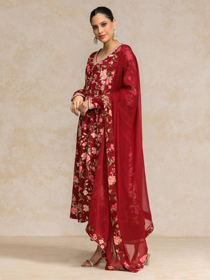Varanga Floral Printed V Neck Anarkali Kurta With Trouser & Dupatta-Karva Chauth Special