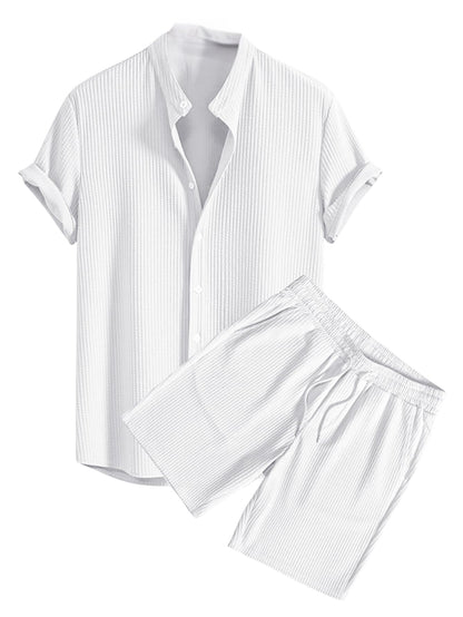 Greciilooks MenS Summer Casual Two Piece Outfit, Textured Button Down Shirt And Shorts Set White