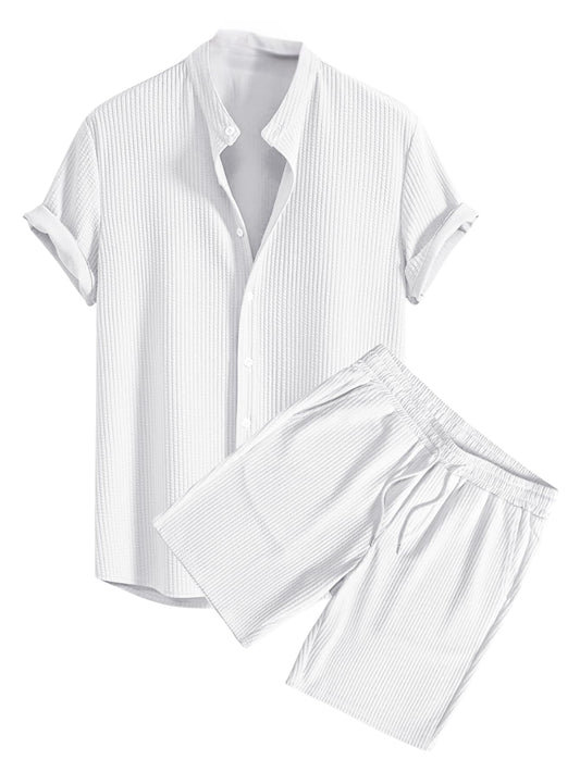 Greciilooks MenS Summer Casual Two Piece Outfit, Textured Button Down Shirt And Shorts Set White