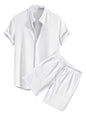 Greciilooks MenS Summer Casual Two Piece Outfit, Textured Button Down Shirt And Shorts Set White
