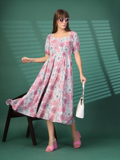 Oomph! Flared Dress For Women Stylish | Long One Piece For Women | Puff Sleeve Long Dress | Floral Print Maxi One Piece | Wester