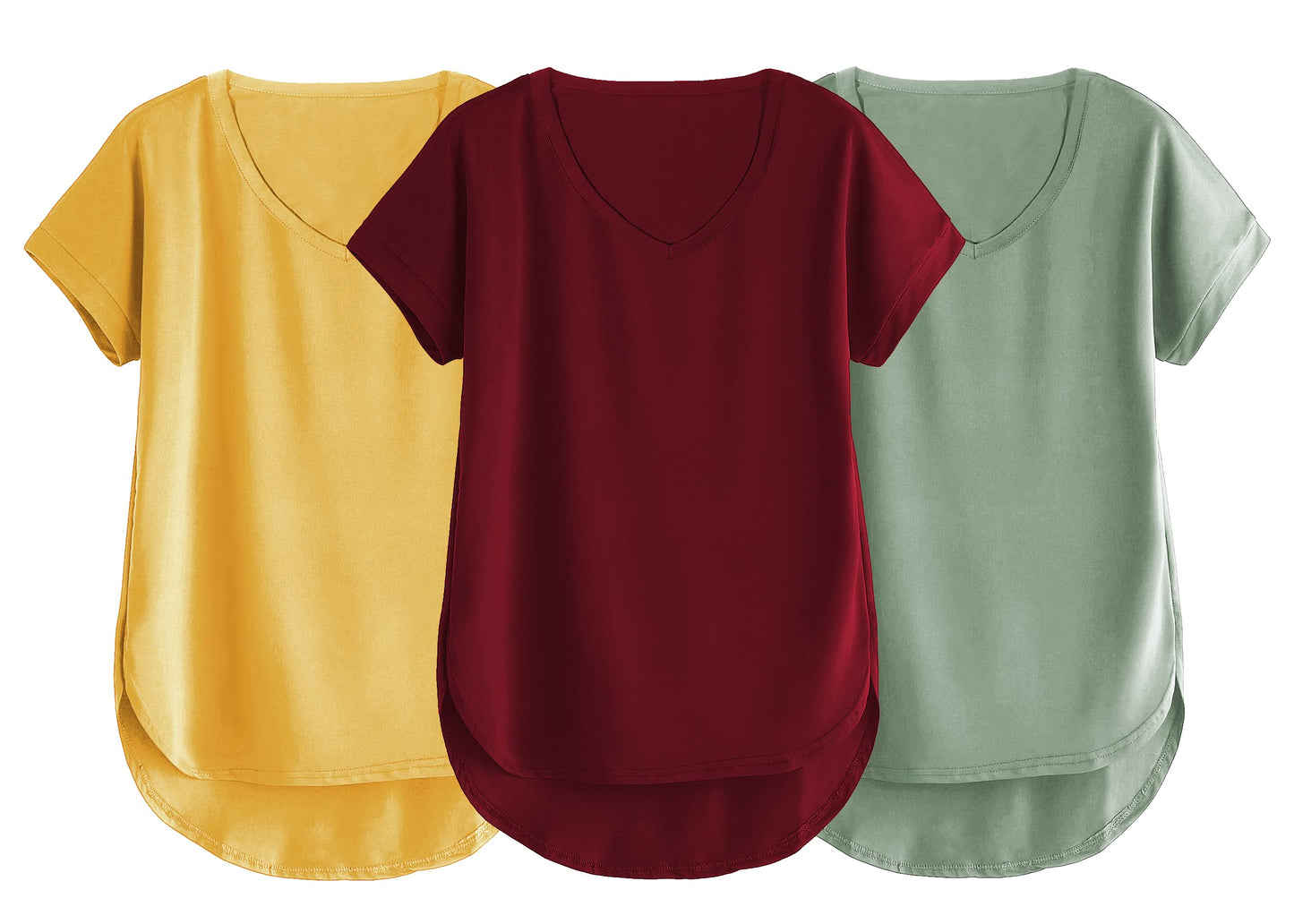 Fabricorn Combo Of Three Plain Maroon, Mustard Yellow And Sage Green V-Neck Up And Down Cotton Tshirt For Women (Maroon, Mustard