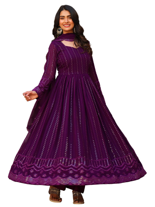 Fashion Basket Georgette Embroidered Anarkali Kurta Set For Women Purple