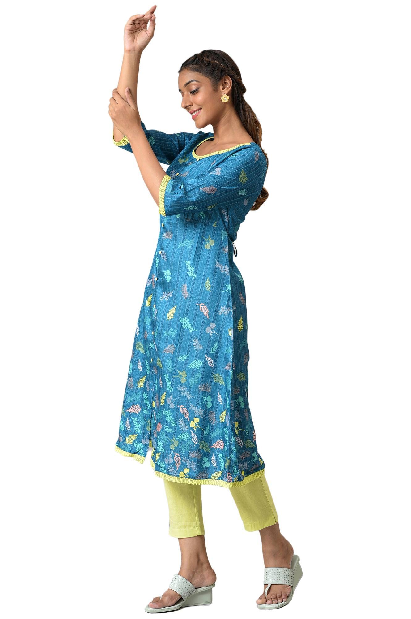 Aurelia Women Silk Straight Fit Seaport Kuchai Floral Printed Straight Kurta