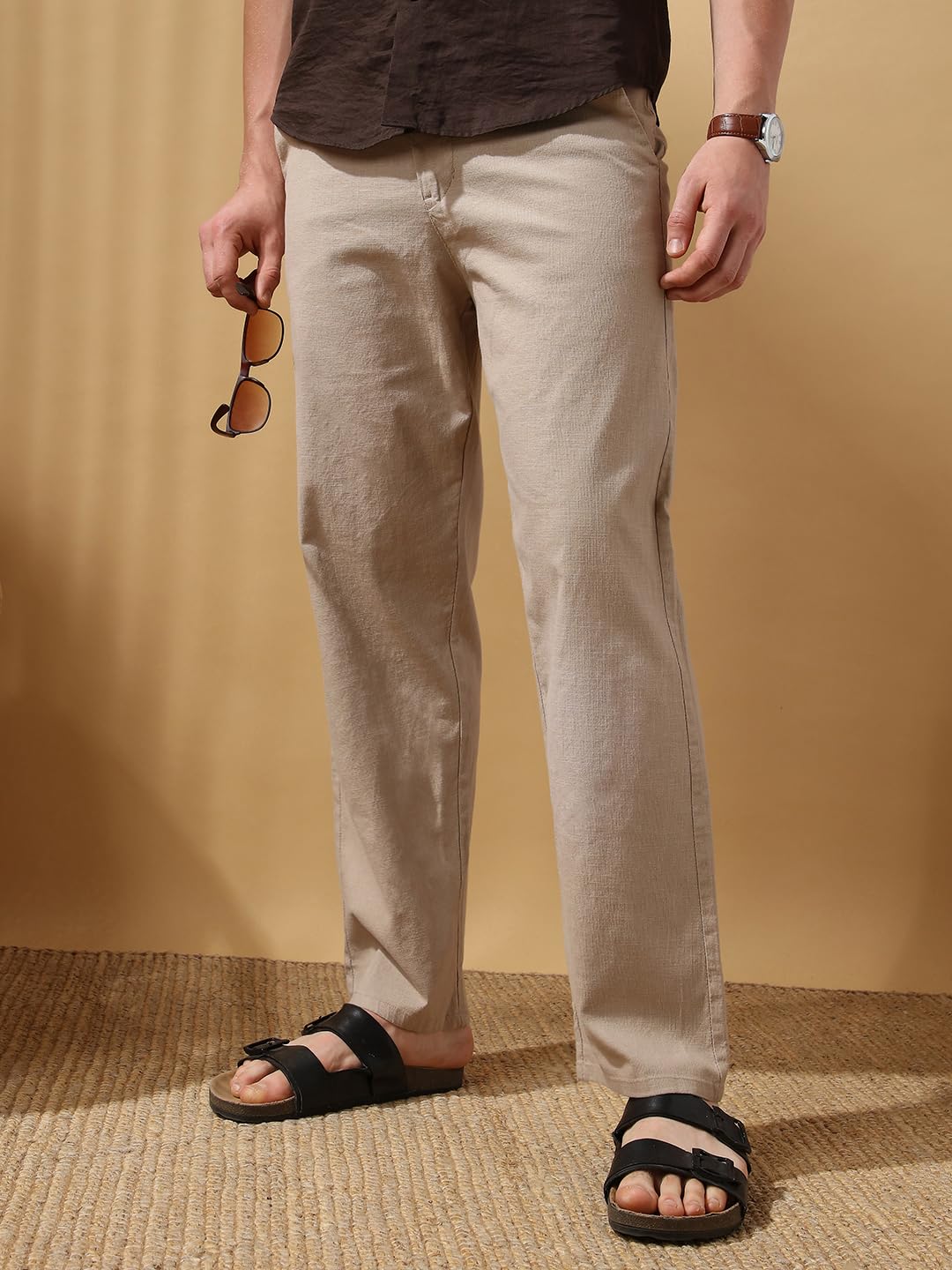 Dennis Lingo Men Oat Milk Solid Straight fit Trousers