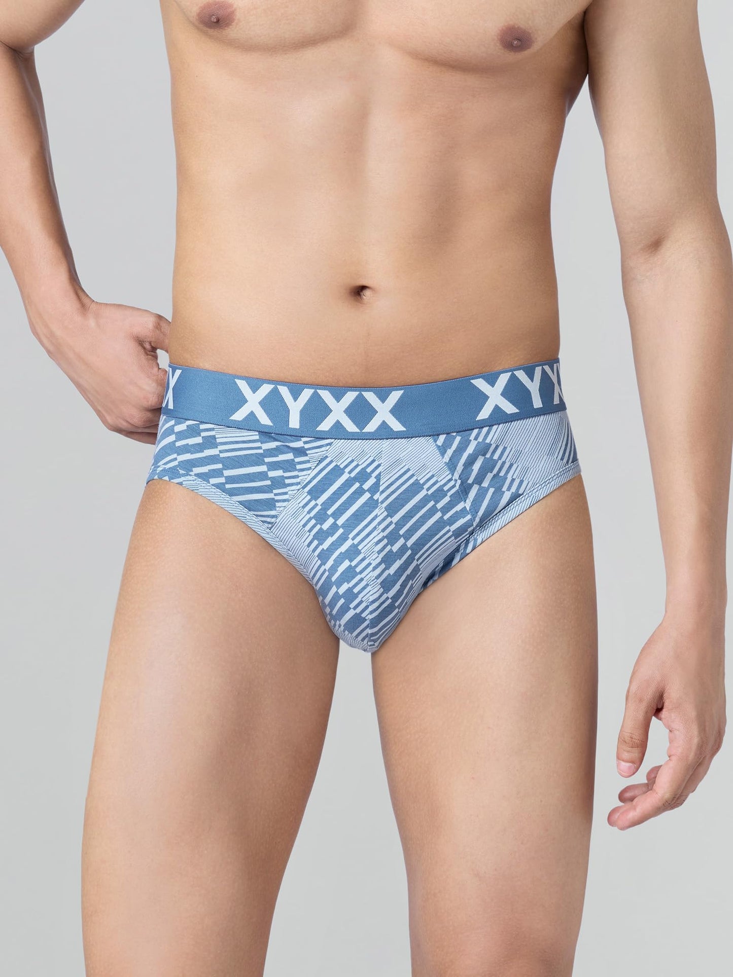 XYXX Mens Blend Geometric (Pack of 2) Cotton Modal Matrix Brief_2_Linear Grey+Cascade Blue