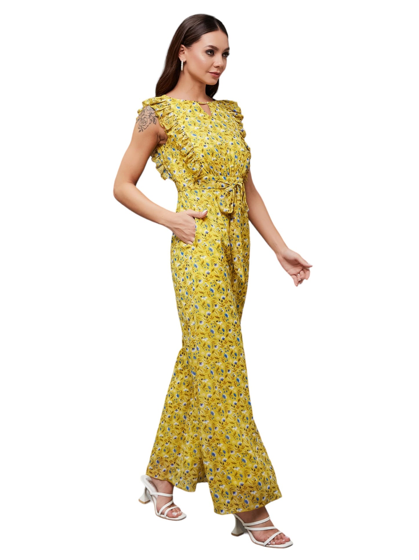 Miss Chase Womens Round neck Sleeveless Floral Wide Leg Jumpsuit (MCSS25D93-81-164-06, Multicolored Base Yellow, XL)