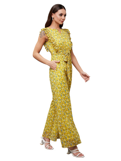 Miss Chase Womens Round neck Sleeveless Floral Wide Leg Regular Jumpsuit (MCAW24D95-80-164-06, Multicolored-Base-Yellow, XL)