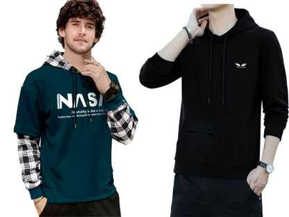 Noble Monk Men Stylish Printed T-Shirt (Pack Of 2) | Full Sleeve | Hooded Neck | Combo Hoodies For Men