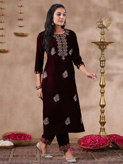 Ishin WomenS Velvet Ethnic Motifs Zari Maroon Straight Kurta Suit Set With Trousers & Dupatta