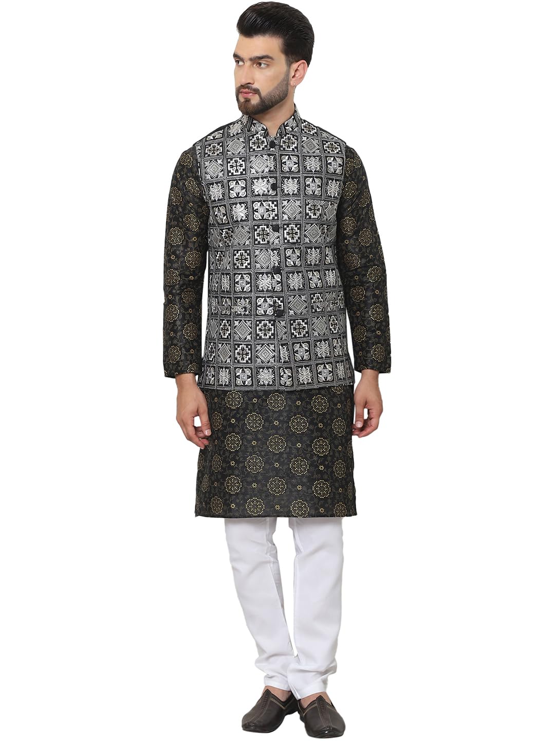 SOJANYA (Since 1958 Men's Silk Printed Black Kurta and Cream Pyjama With Embroidered Black Nehru Jacket
