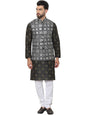 SOJANYA (Since 1958 Men's Silk Printed Black Kurta and Cream Pyjama With Embroidered Black Nehru Jacket