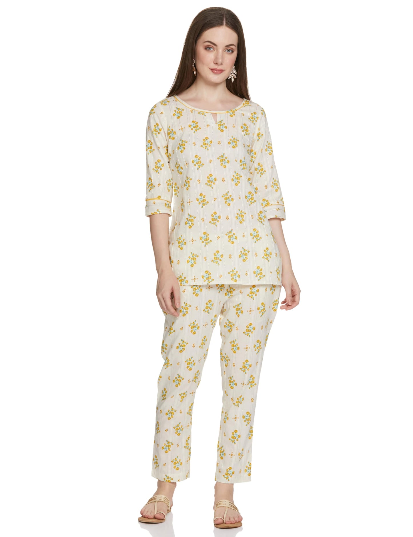 Beige Floral Print Summer Kurti Co-Ord Set