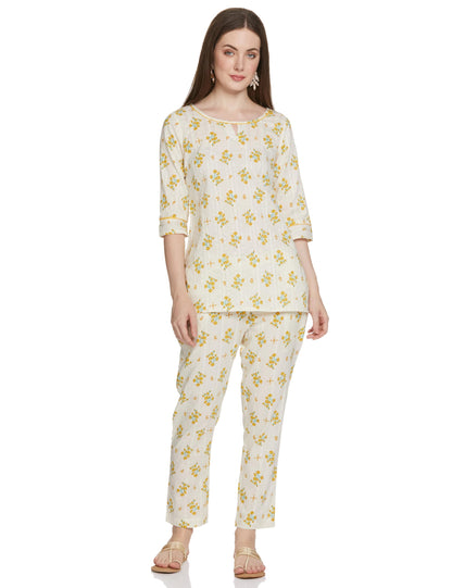 Beige Floral Print Summer Kurti Co-Ord Set
