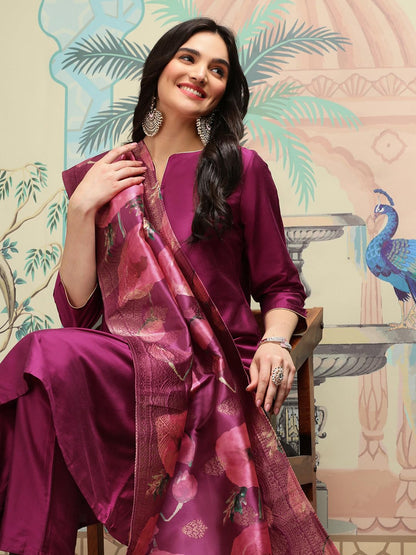 Ishin Notch Neck Silk Crepe Straight A-Line Kurta With Trousers & Dupatta | Kurta Set For Women | Kurta With Trousers And Dupatt