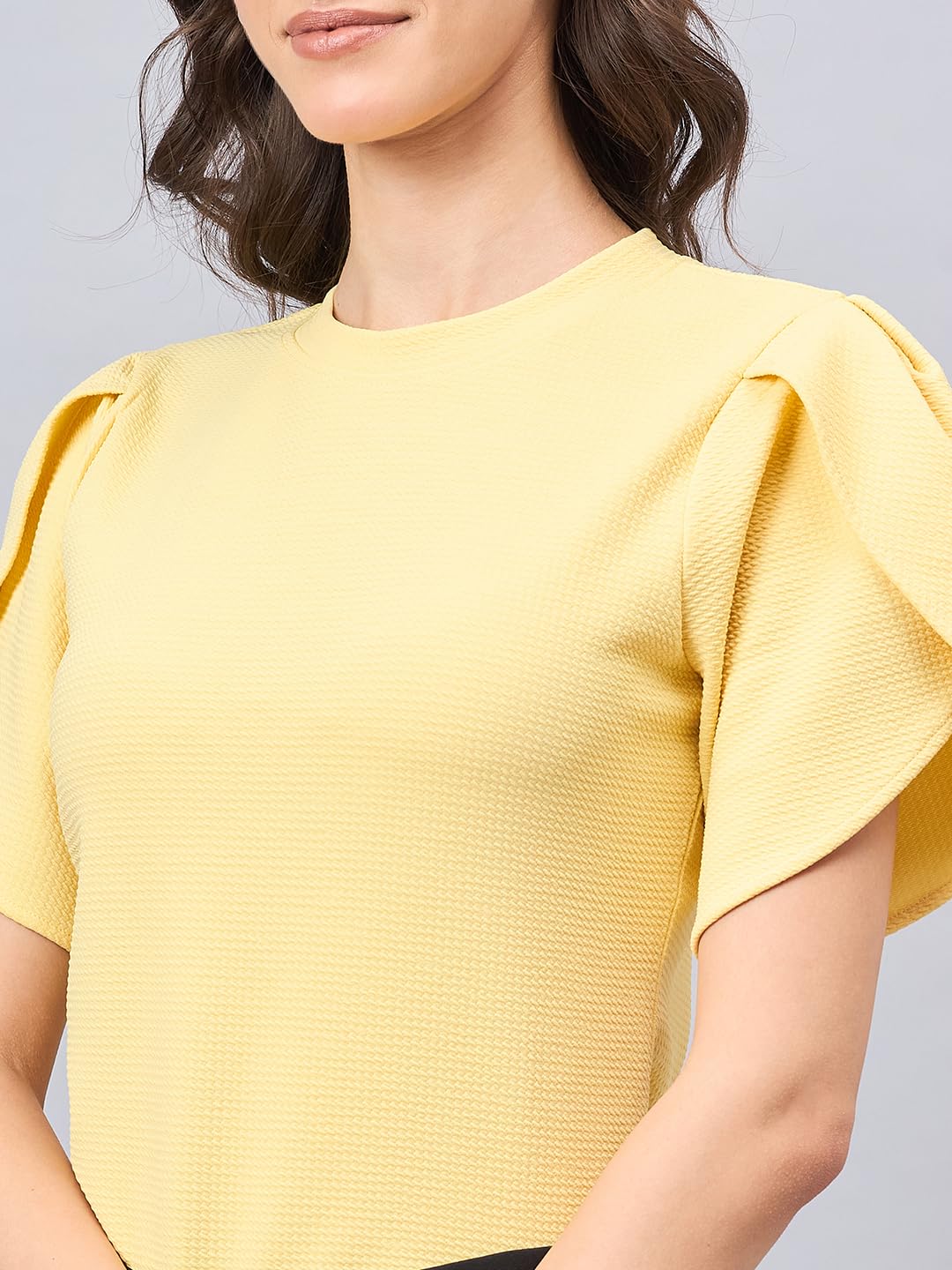 Style Quotient Women Solid Light Yellow Poly Knit Smart Casual Regular Tulip Sleeve Top