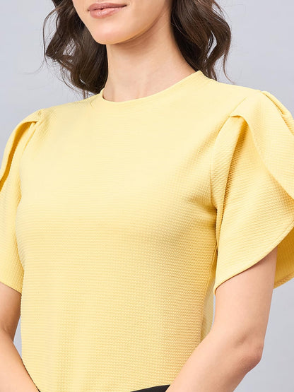 Style Quotient Women Solid Light Yellow Poly Knit Smart Casual Regular Tulip Sleeve Top