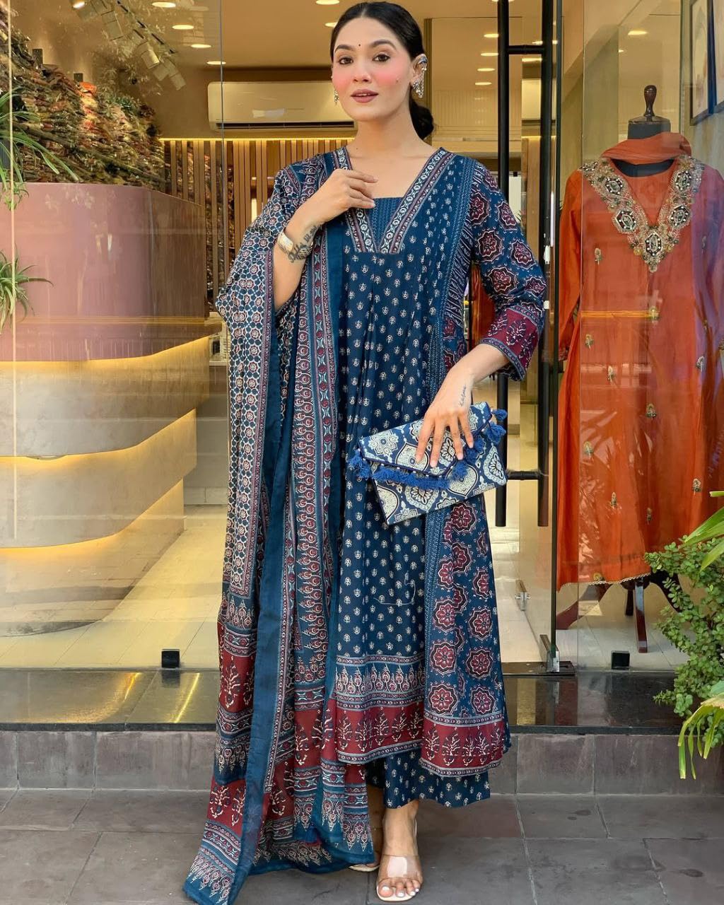 Toochki Women Printed Anarkali Kurta and Pant Set with Dupatta Teal Blue