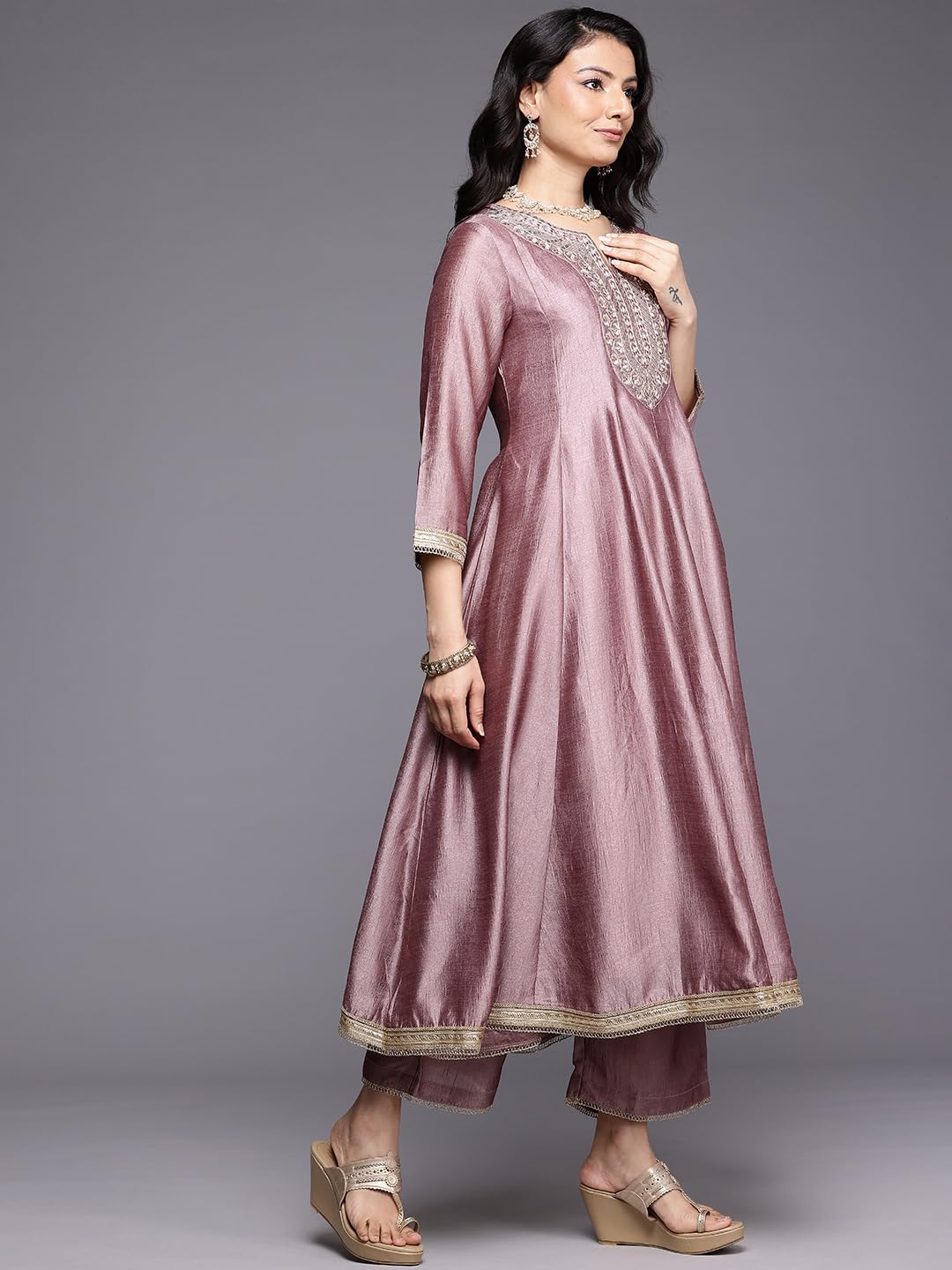 Varanga Women Mauve Zari Embroidered Sequins Embellished Anarkali Kurta With Bottom And Dupatta