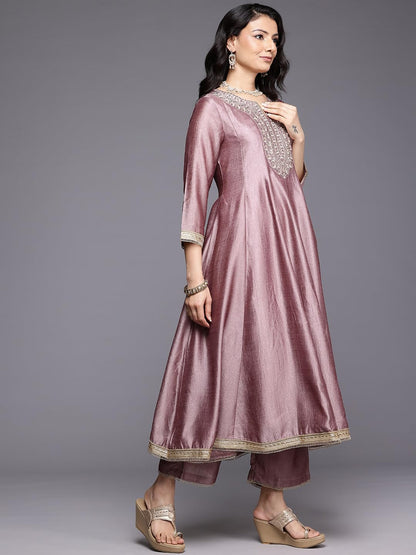 Varanga Women Mauve Zari Embroidered Sequins Embellished Anarkali Kurta With Bottom And Dupatta